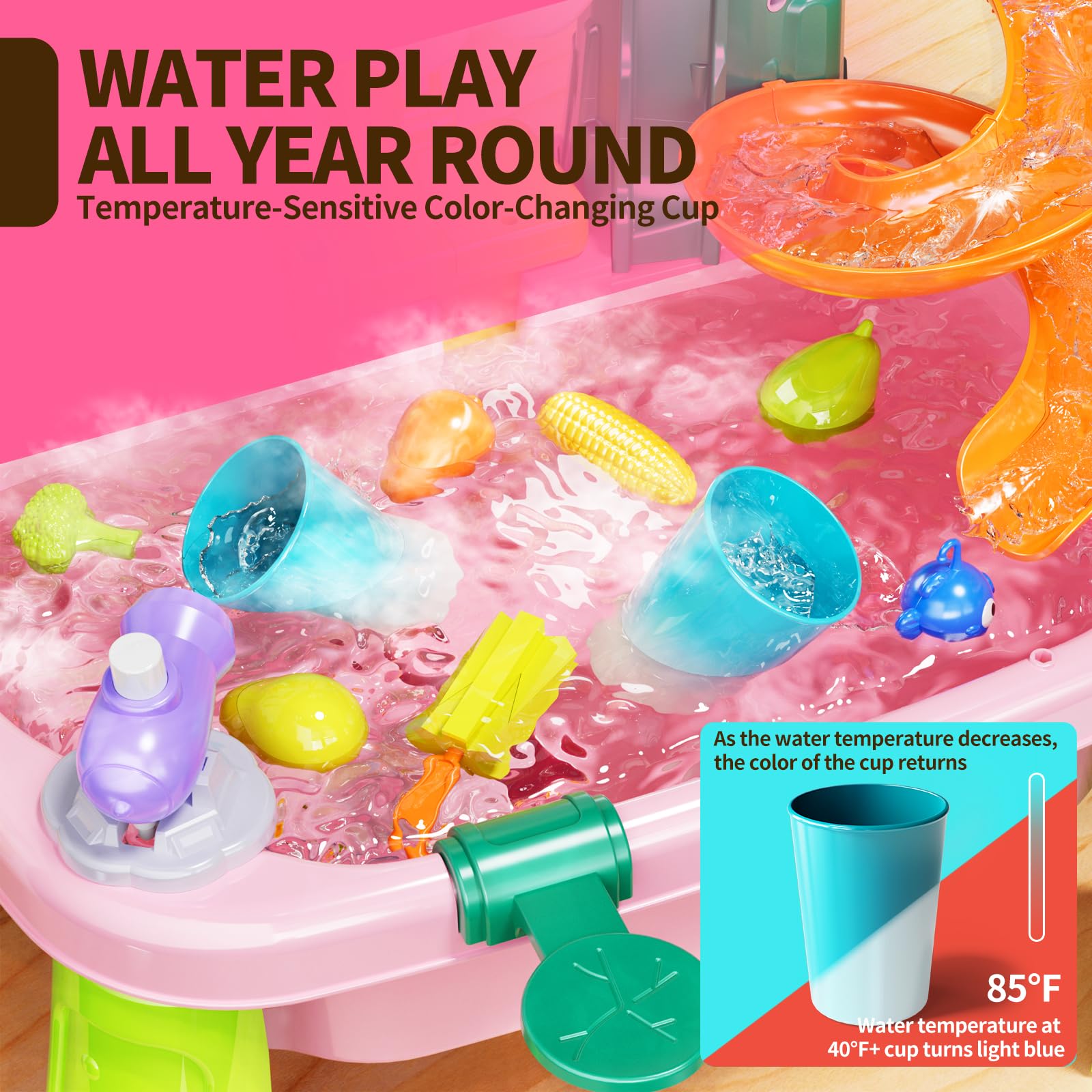 Pupu Pig water table features temperature sensitive color changing cup for safe cues