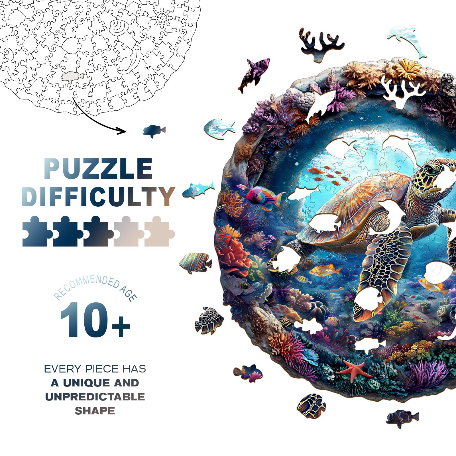 Purdicra wooden puzzle detail shows laser-cut textures and ocean artistry