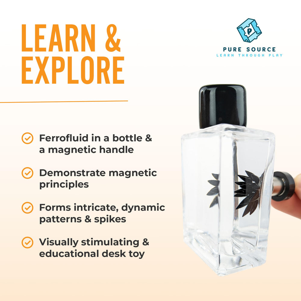 Pure Source ferrofluid display bottle demonstrates magnetism in a compact form.