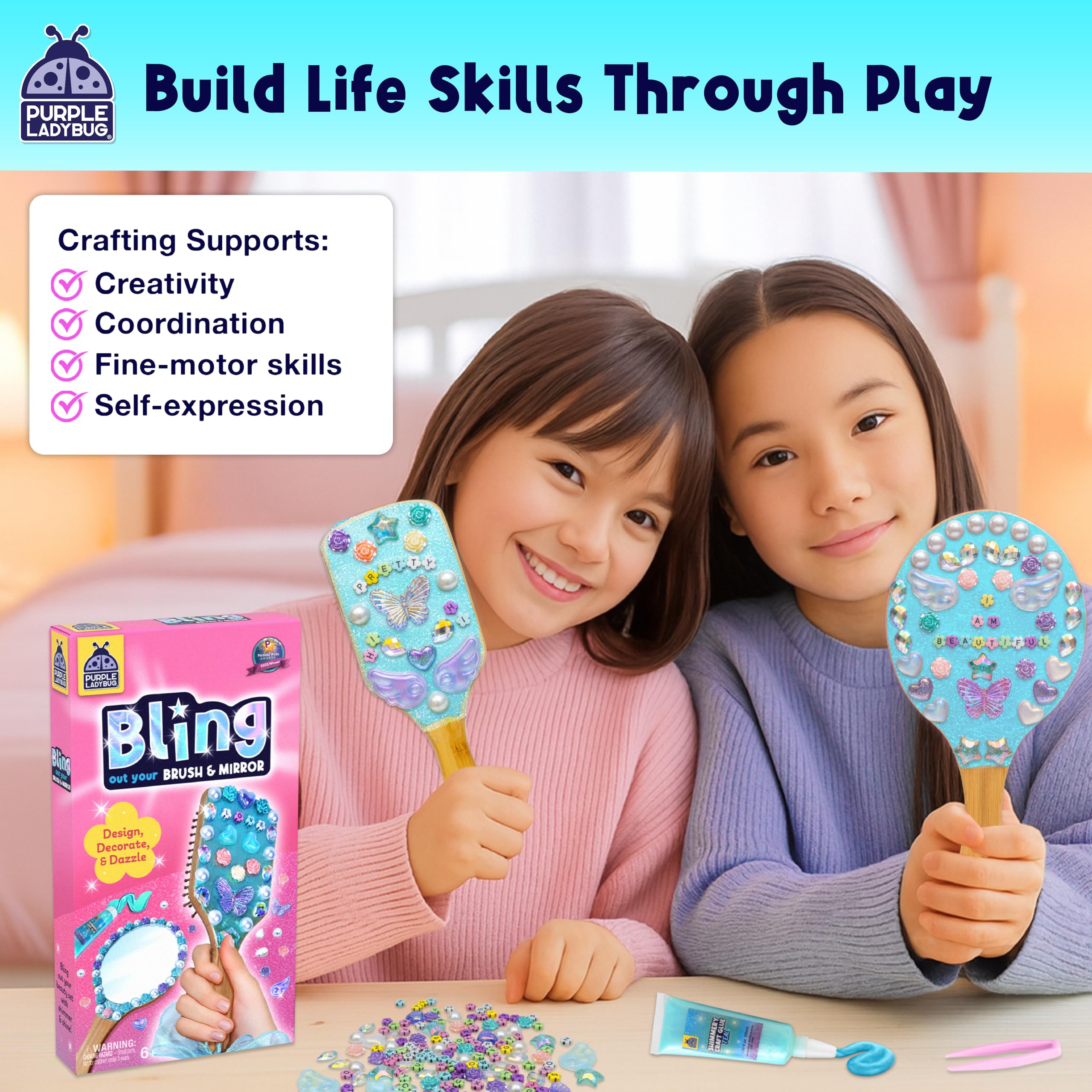 Purple Ladybug glittery embellishments sparkle on kids' crafts