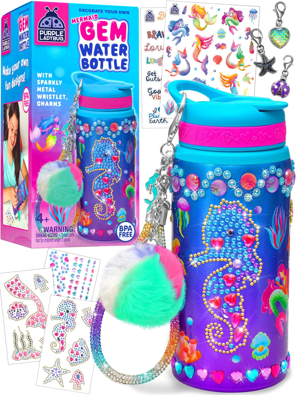 Purple Ladybug Mermaid water bottle with sparkling gems for creative play and hydration on the go.