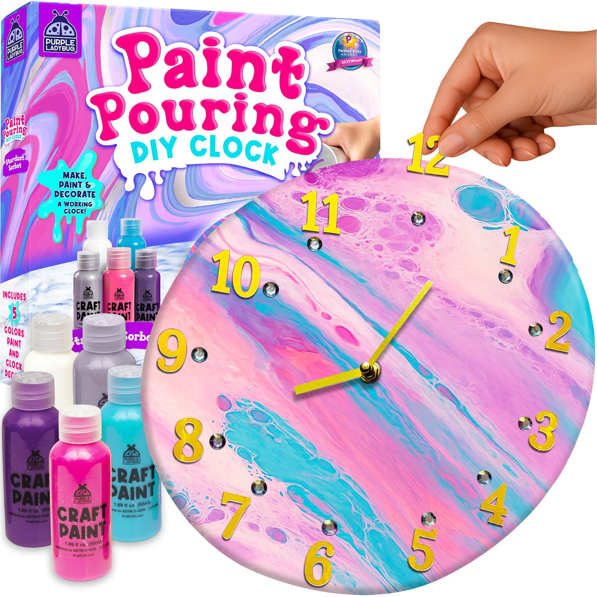 PURPLE LADYBUG clock kit with paint pouring setup for creative learning