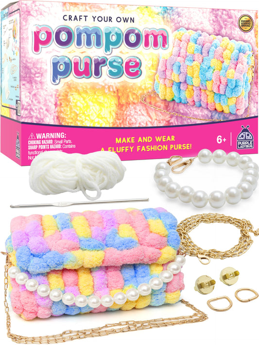 Purple Ladybug pom-purse kit contents for easy at-home crafting