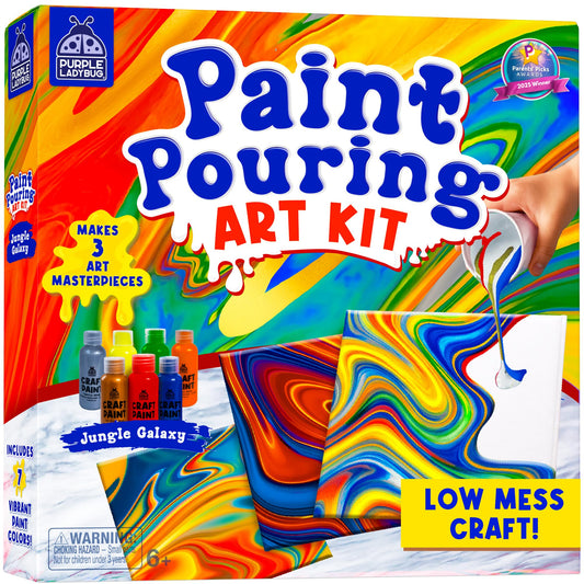 PURPLE LADYBUG Pouring Paint Art Kit shows three artworks layout for display inspiration.