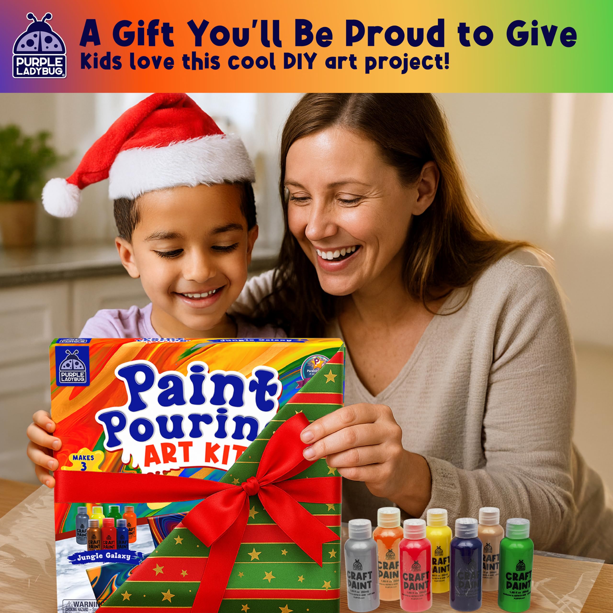 PURPLE LADYBUG kit with seven paint bottles enables vibrant color experiments.