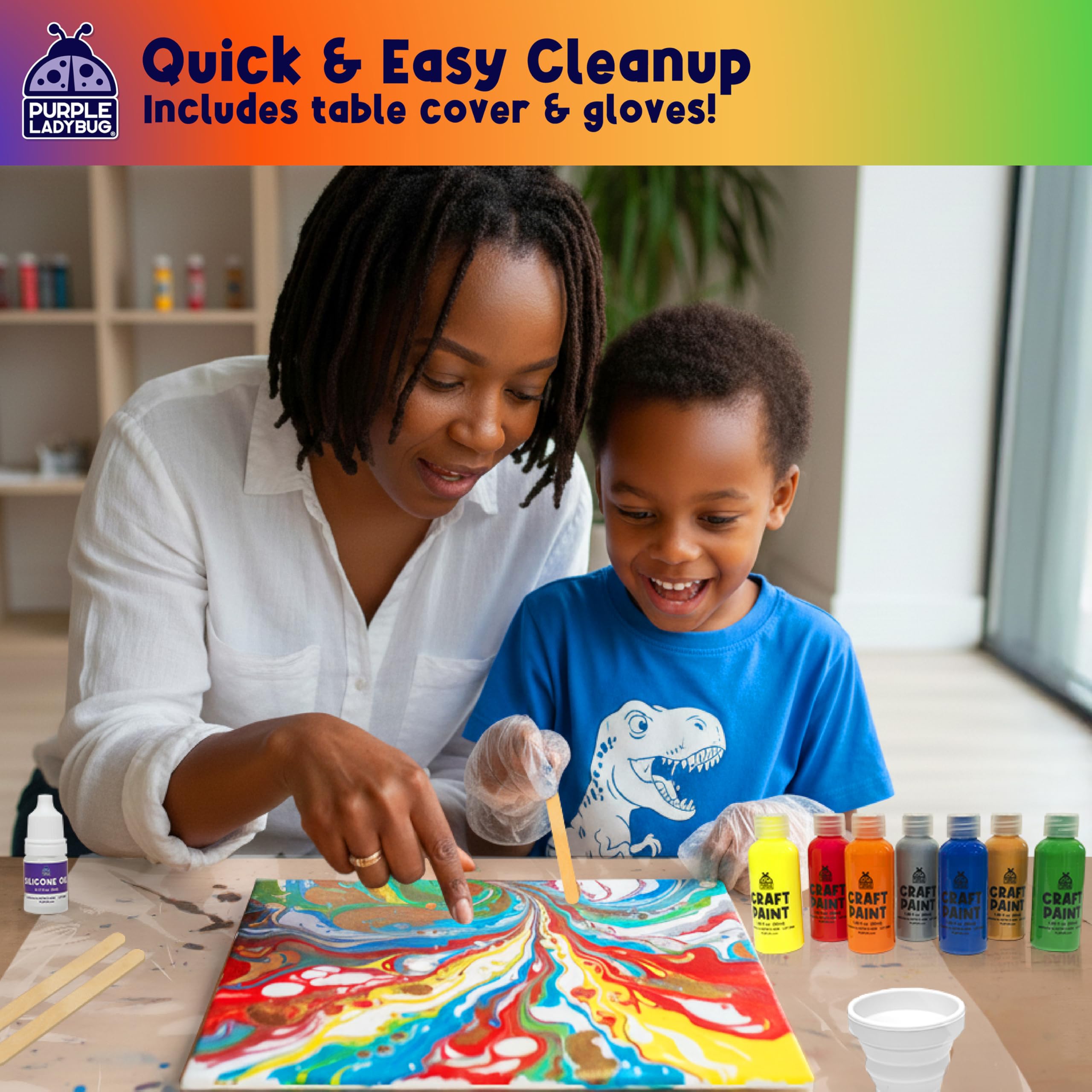 Disposable table cover makes cleanup quick after painting.