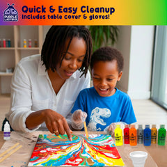 Disposable table cover makes cleanup quick after painting.