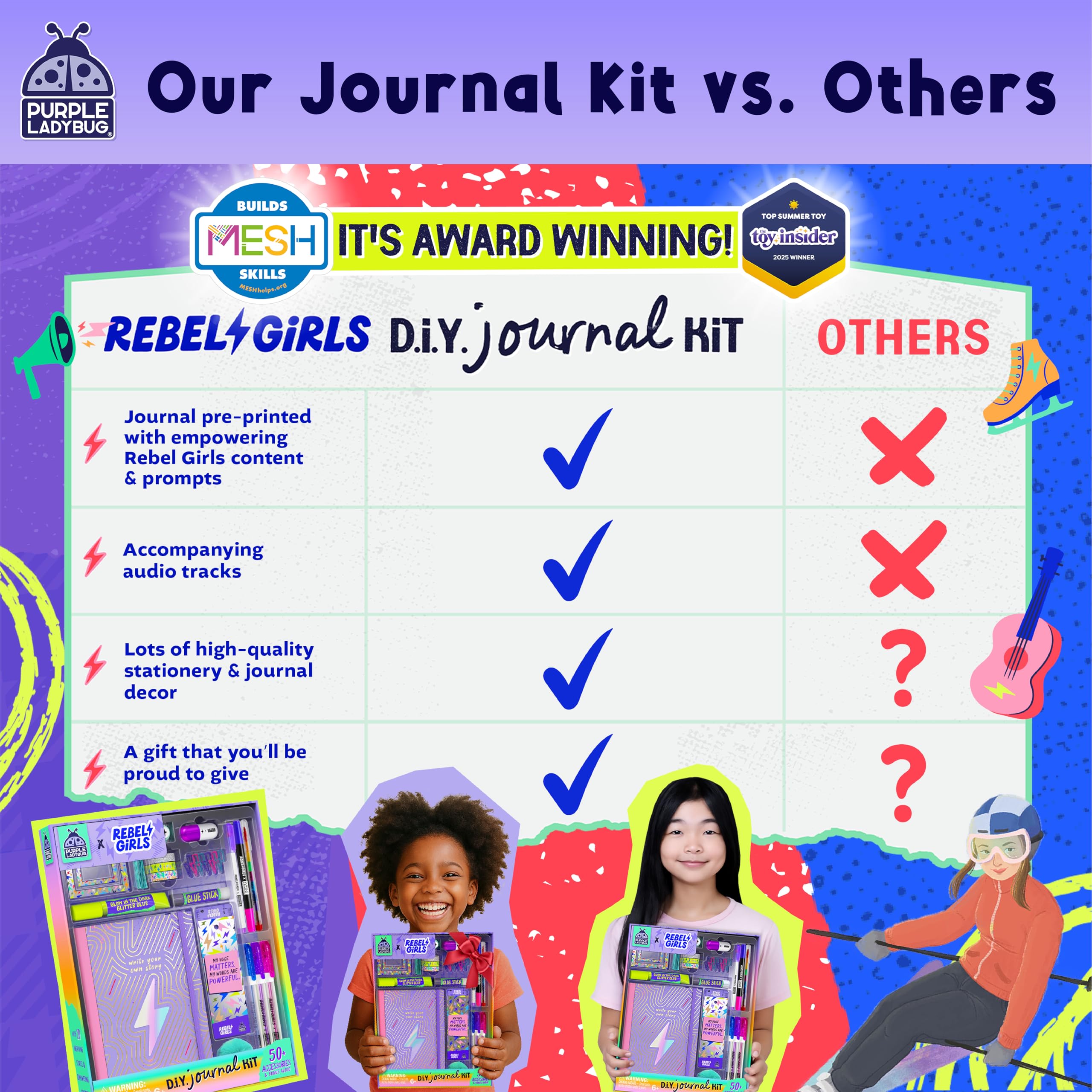 Purple Ladybug QR codes connect to inspiring Rebel Girls audio content.