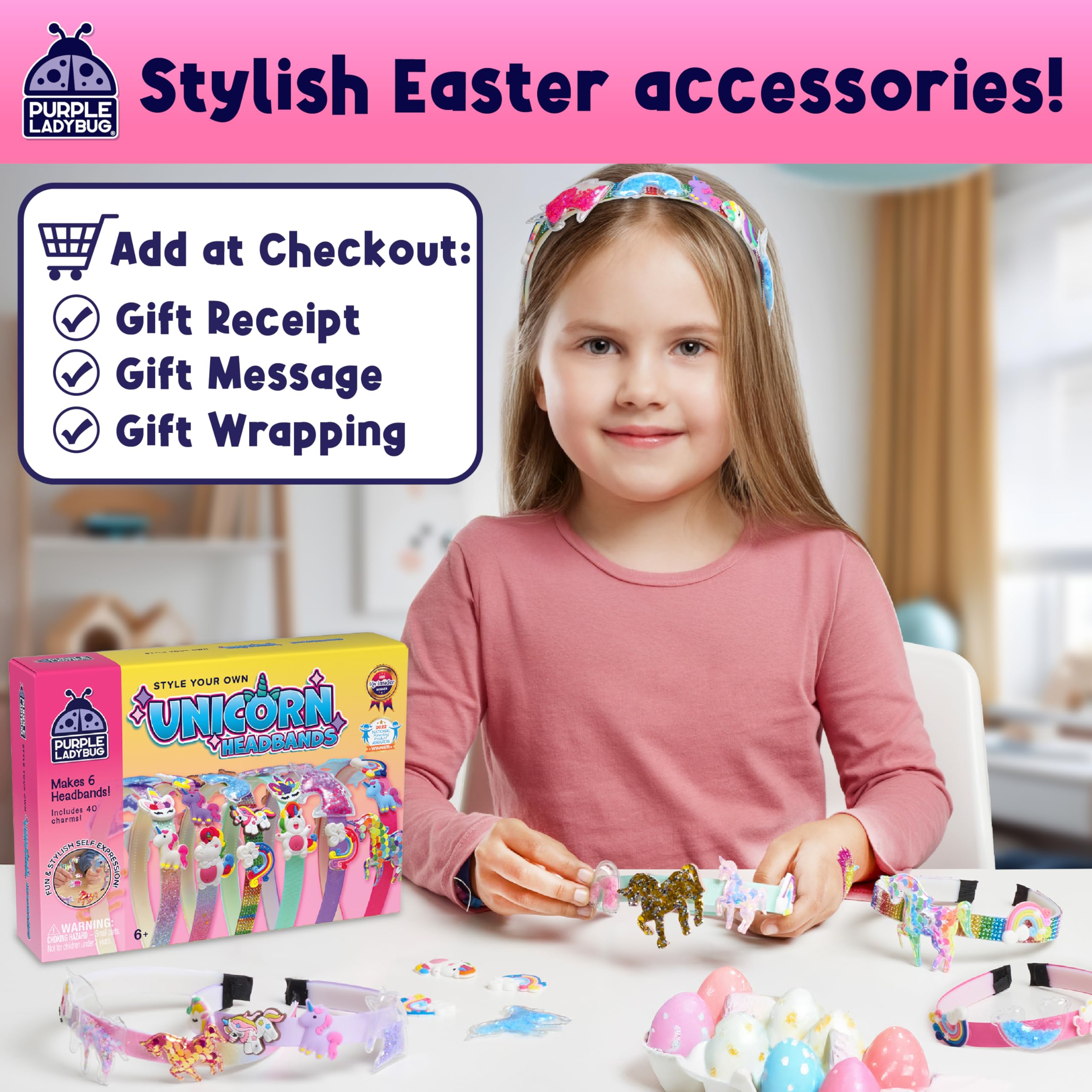 Purple Ladybug unicorn headband kit in-box layout highlights color, charm variety, and safe materials