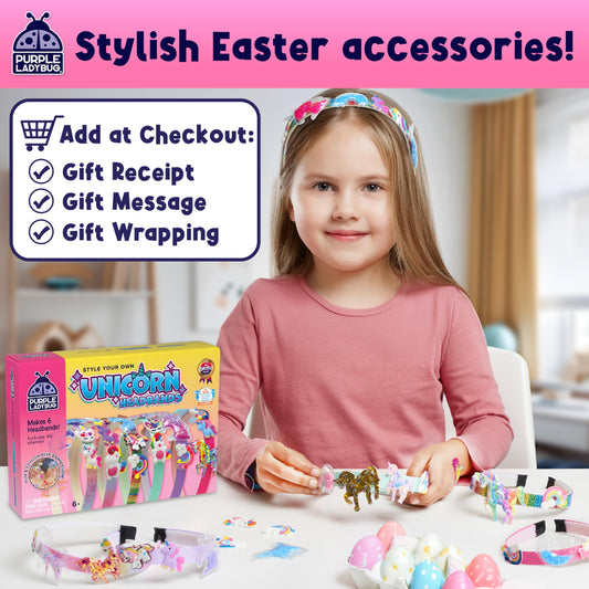 Purple Ladybug unicorn headband kit in-box layout highlights color, charm variety, and safe materials