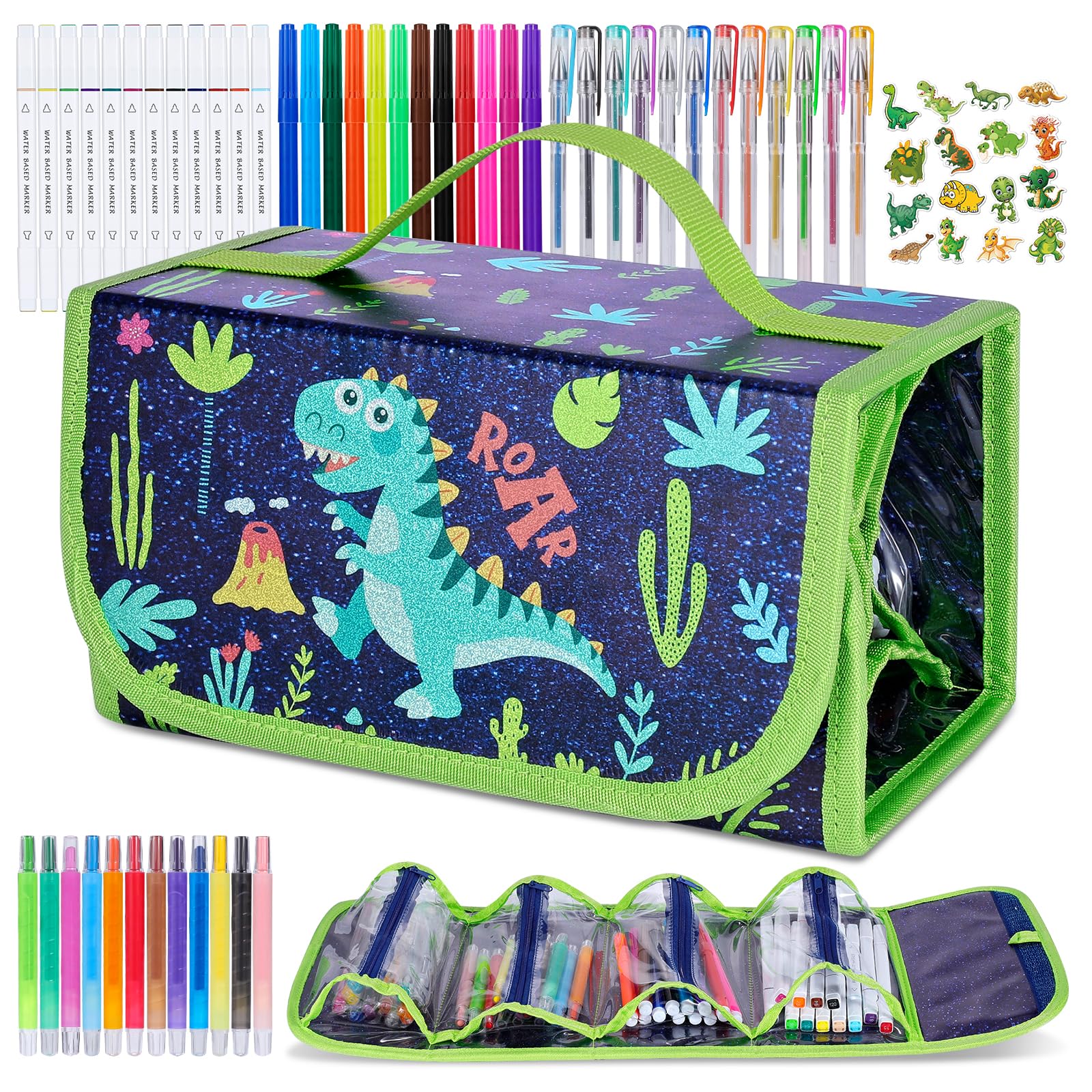 Purtarly Dinosaur Markers pencil case keeps art supplies neatly organized for kids.