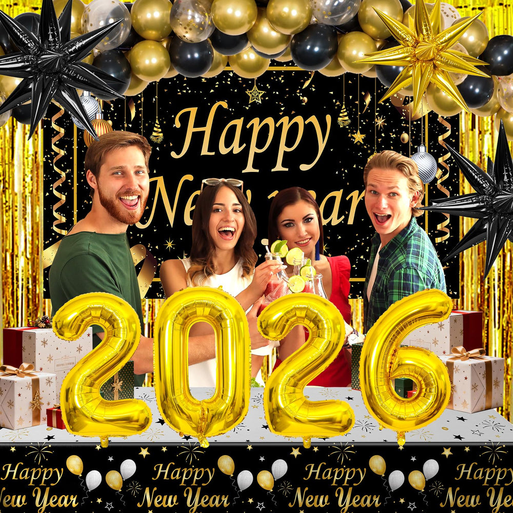 Purtarly gold fringe curtains frame NYE celebrations with shimmer