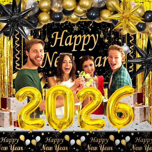 Purtarly gold fringe curtains frame NYE celebrations with shimmer