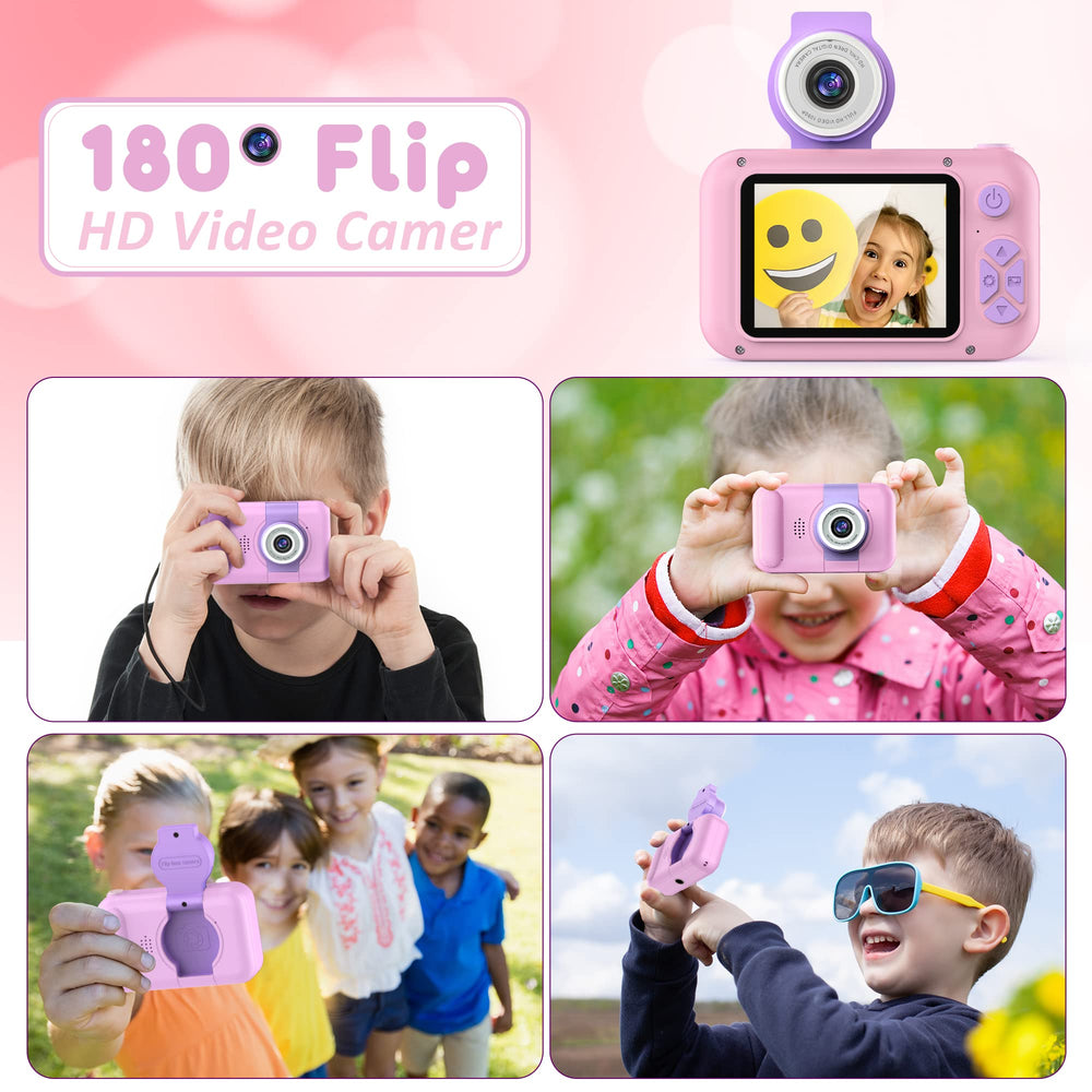 PURULU Kids Camera with 180° flip-up lens for flexible selfies and angles.