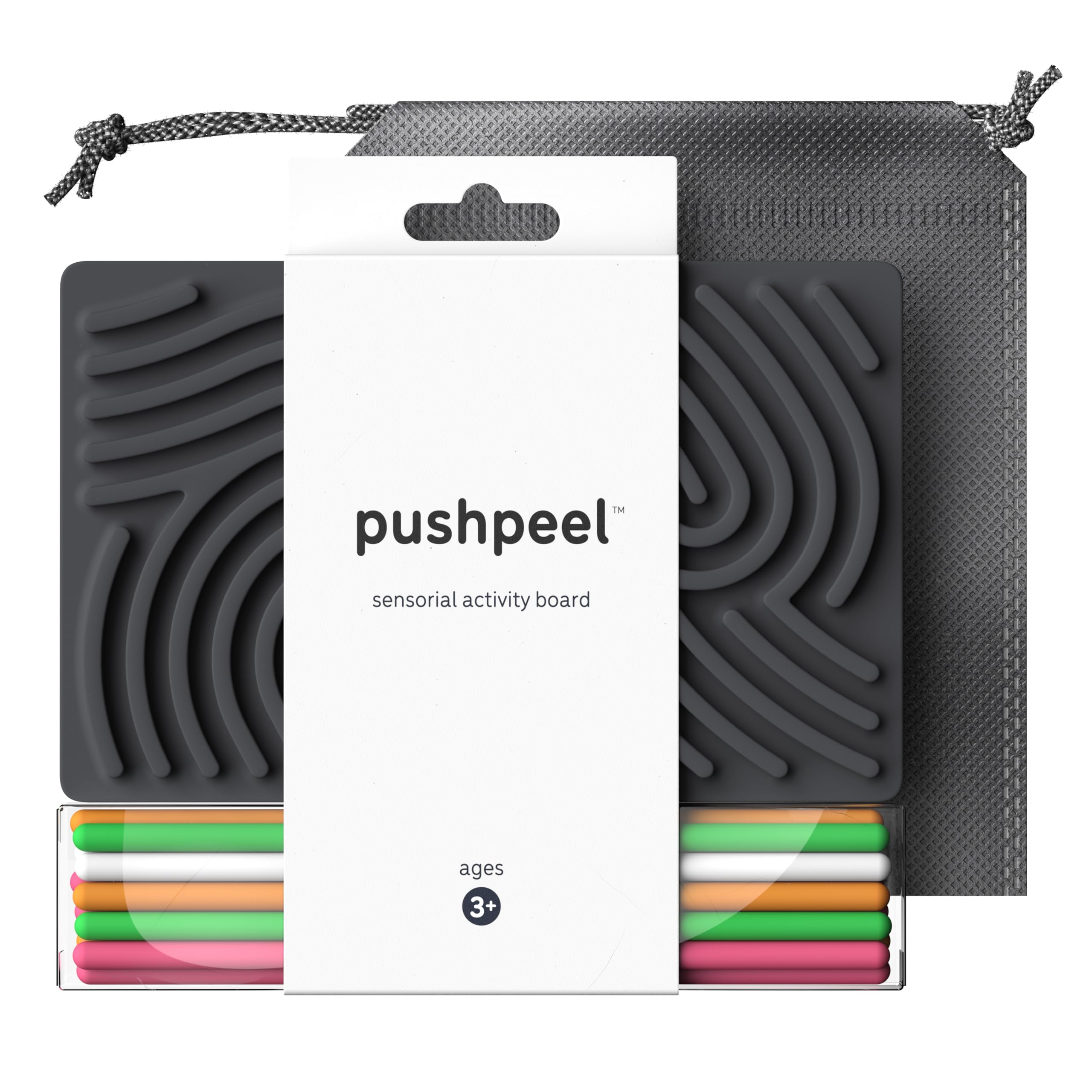 Pushpeel sensory activity board in granite color in full view for calm, screen-free play