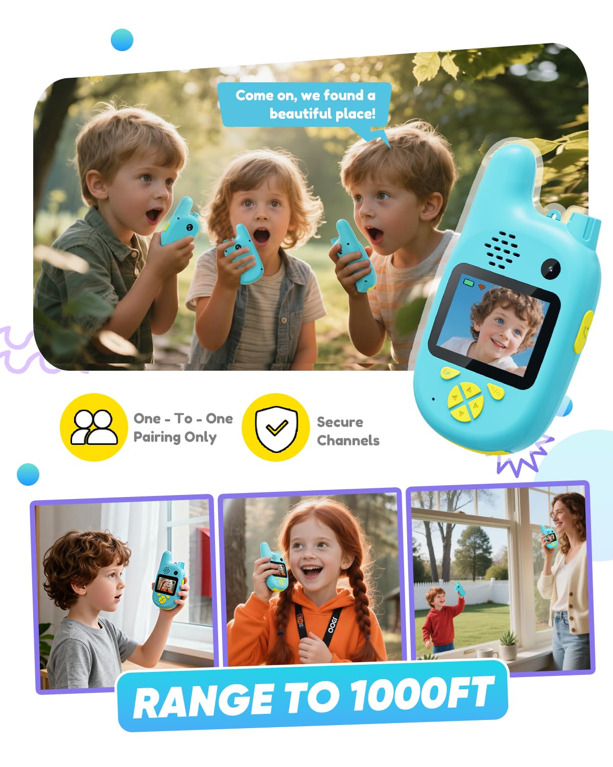 Kids using Pussan walkie talkies for safe indoor outdoor chats