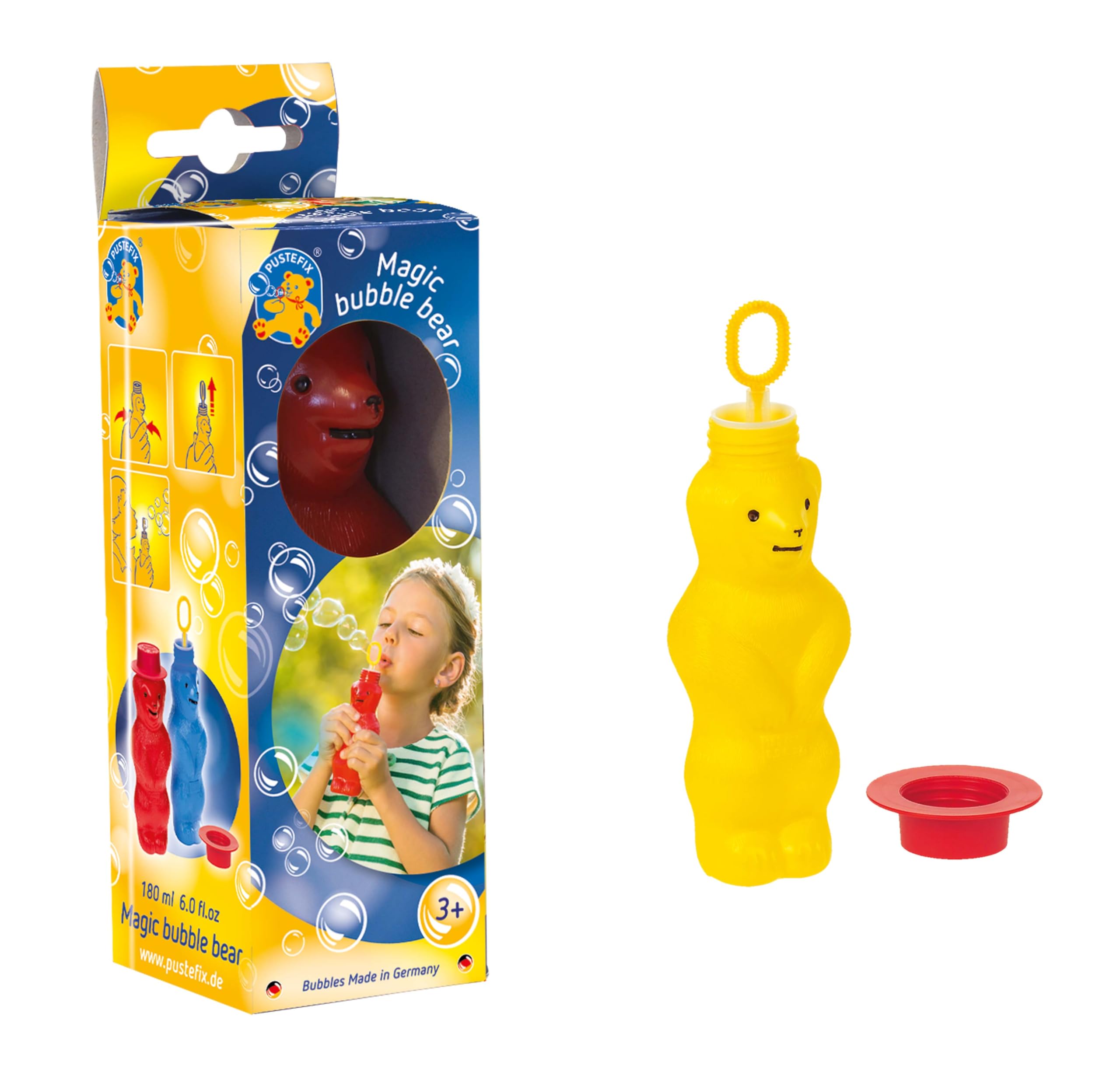 Pustefix Bubble Bear red bottle shows easy squeeze for colorful bubbles.