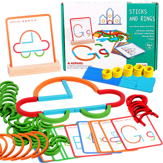 puzgic Stem Kids Toys wooden sticks pattern cards for creative learning