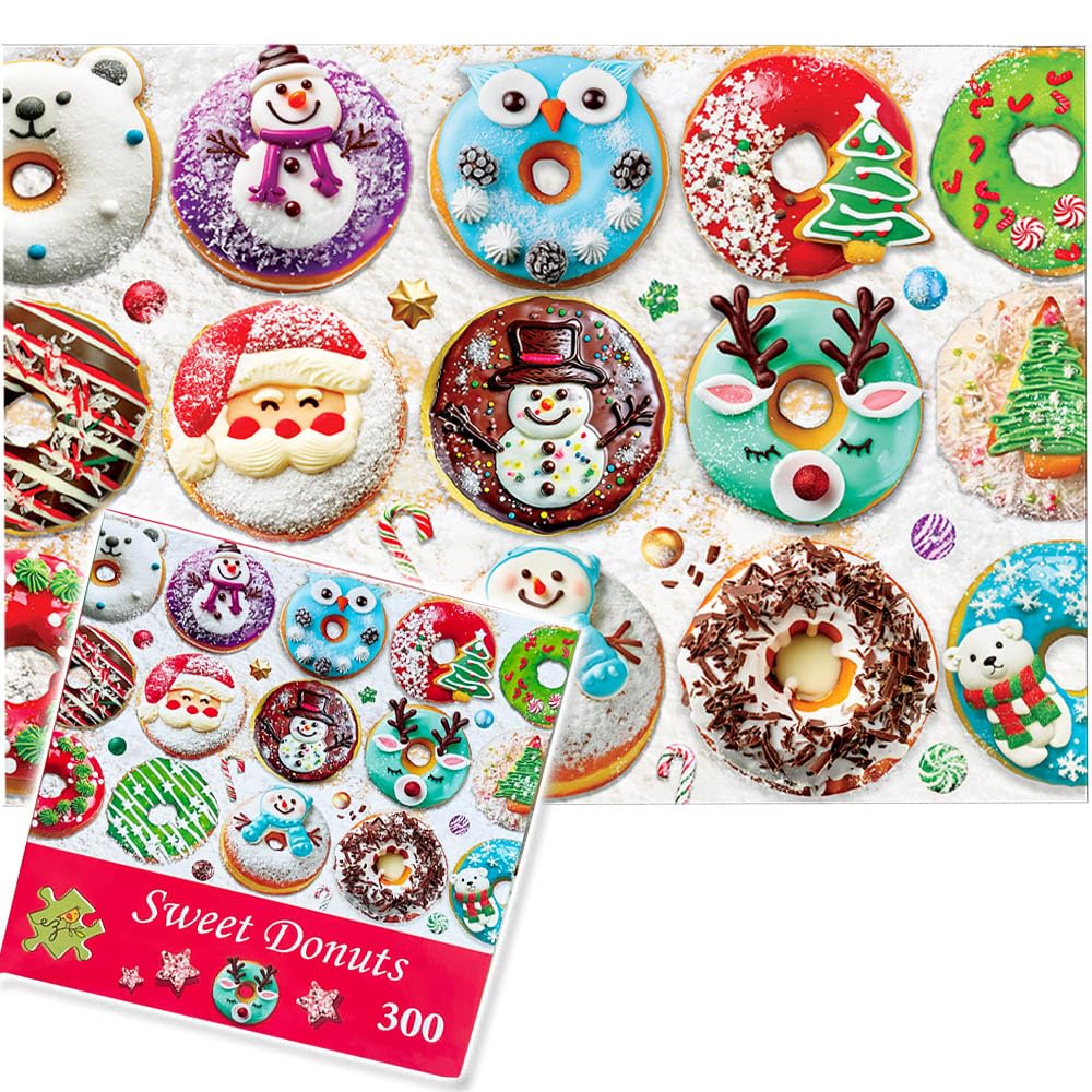 PUZZLE EZ Christmas 300-piece donut puzzle on a table for family fun