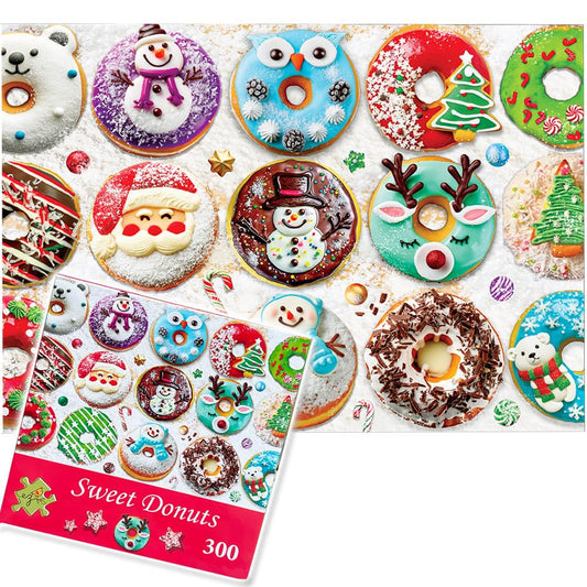 PUZZLE EZ Christmas 300-piece donut puzzle on a table for family fun