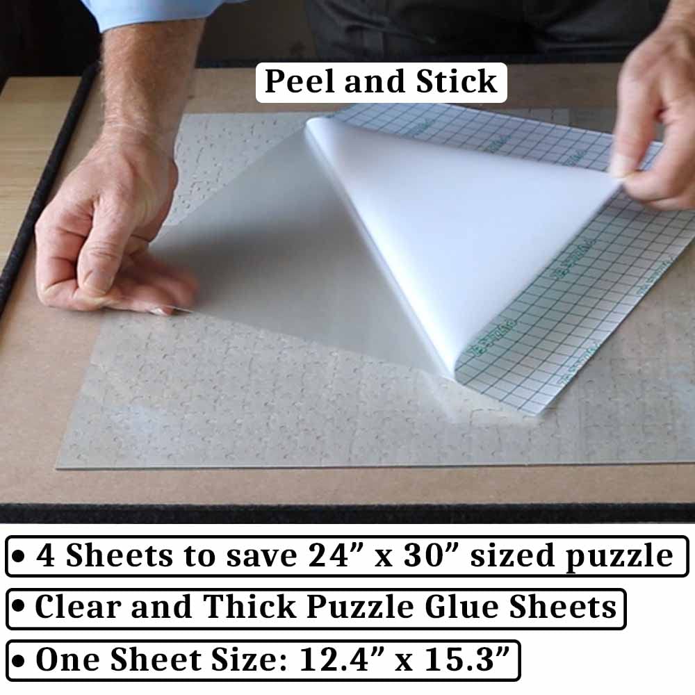 PUZZLE EZ glue sheets pack illustrated for quick, clean puzzle preservation.