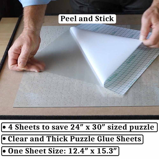 PUZZLE EZ glue sheets pack illustrated for quick, clean puzzle preservation.