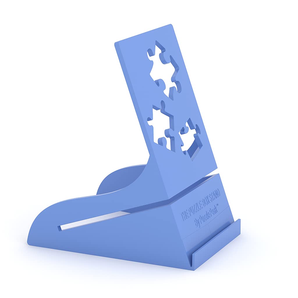 Puzzle Peak all-in-one box stand blue, front view showing stable support for box and poster