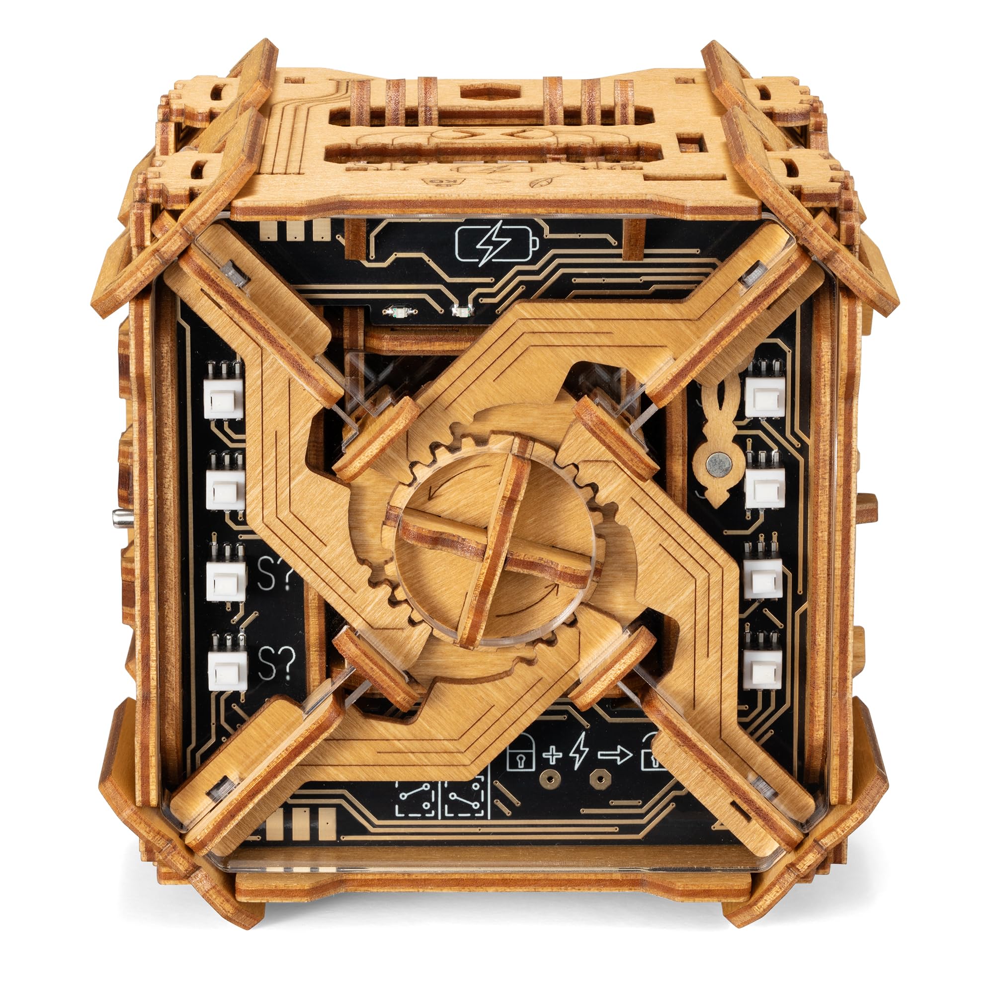 Puzzle Potato Tesla Box front view showing premium wooden design for immersive puzzling.