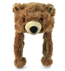 Puzzled brown grizzly bear hat front view showing plush warmth
