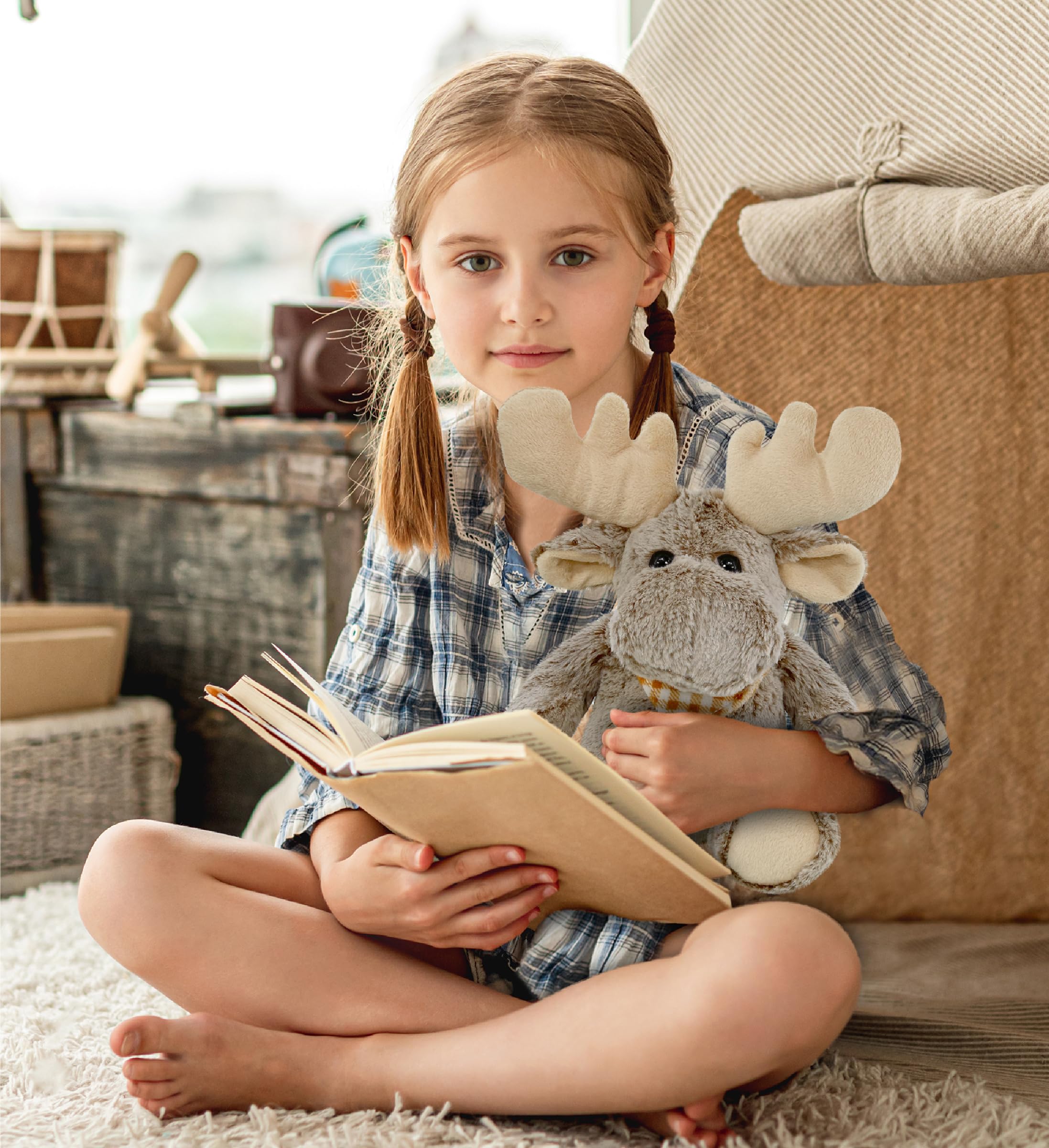 Puzzled brown moose plush invites gentle hugs at bedtime.