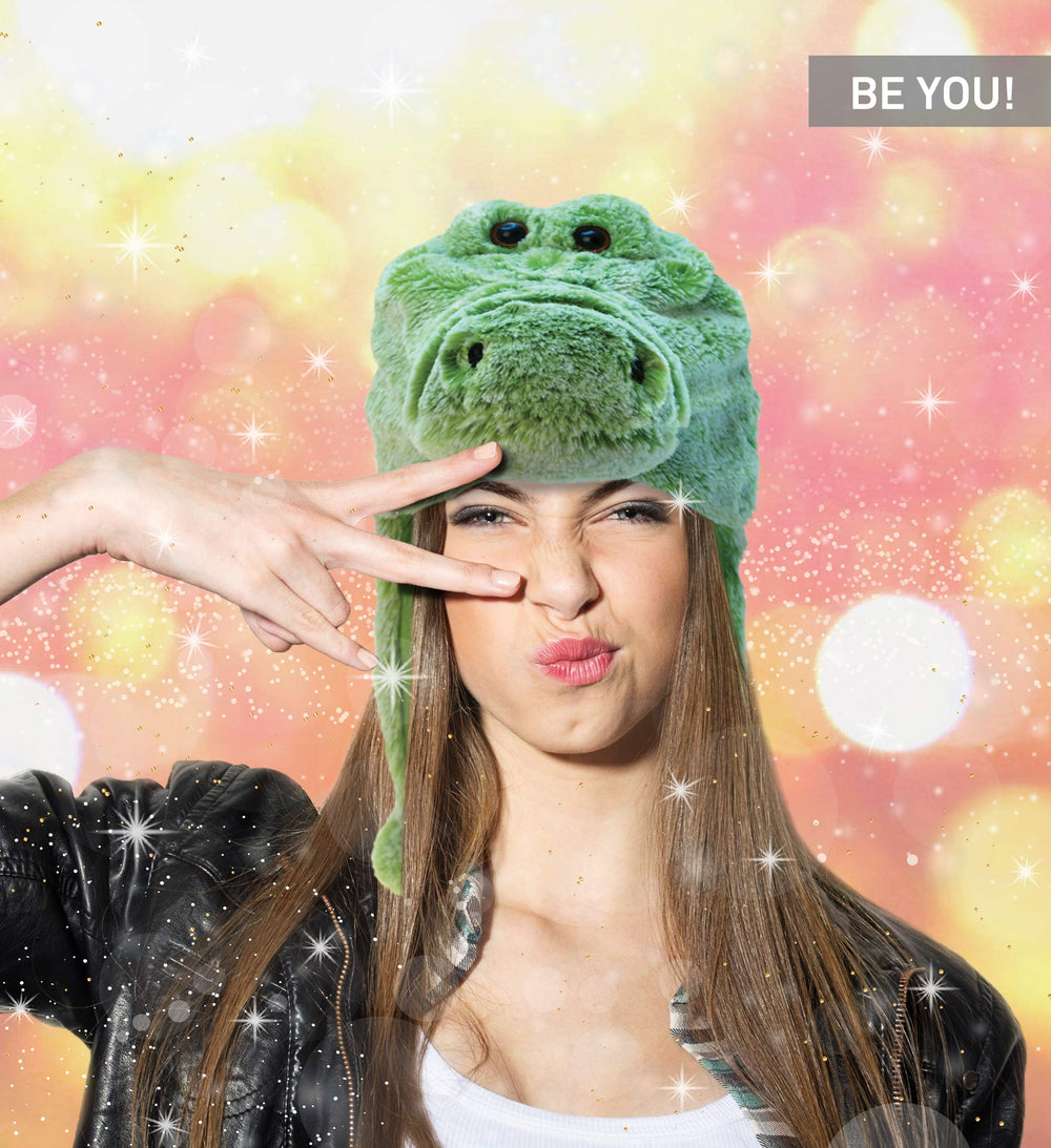 Puzzled Dollibu alligator hat close-up eyes for imaginative play.