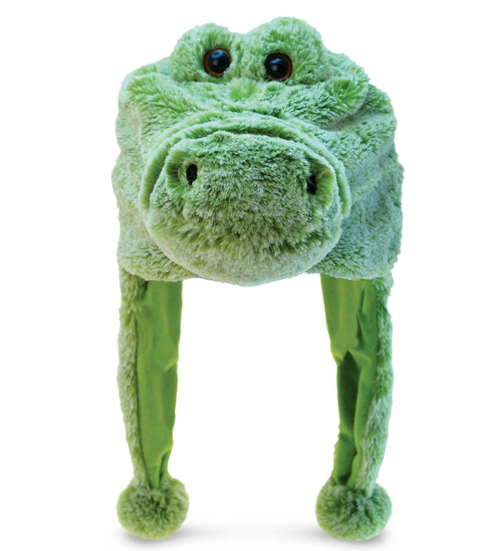 Puzzled Dollibu green alligator plush hat front view for cozy kids wear.