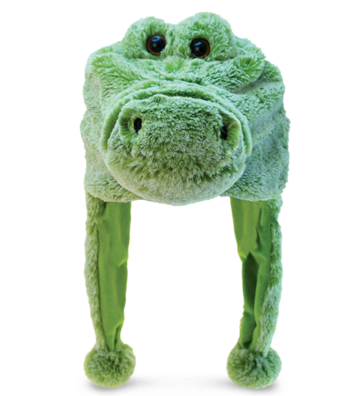 Puzzled Dollibu green alligator plush hat front view for cozy kids wear.