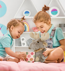 Puzzled moose plush is machine-sewn for durability during play.
