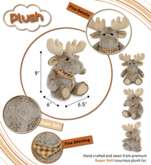 Puzzled sitting moose plush adds wildlife room decor for kids.