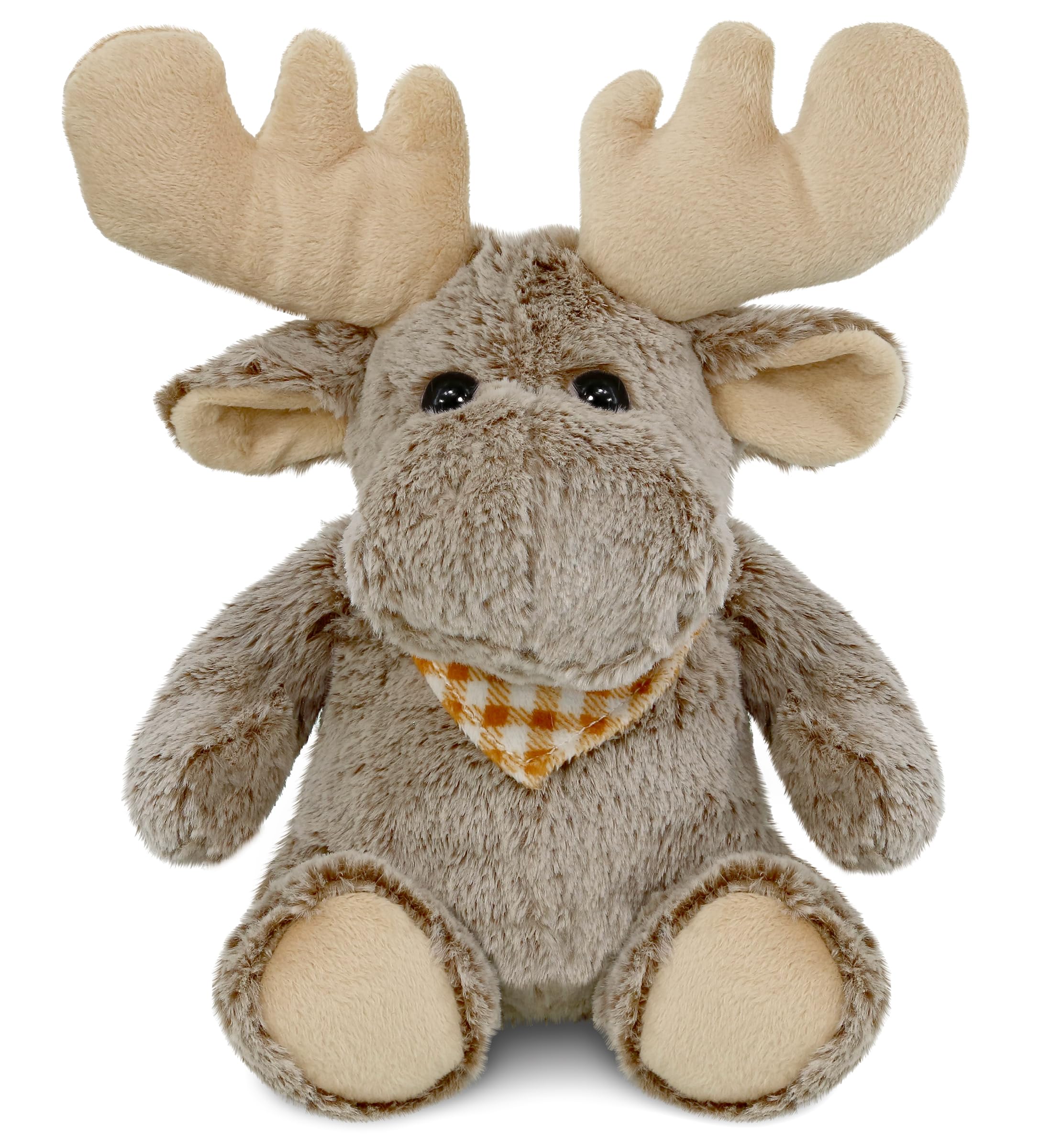 Puzzled super-soft sitting moose plush sits cuddly as a nap buddy for kids.
