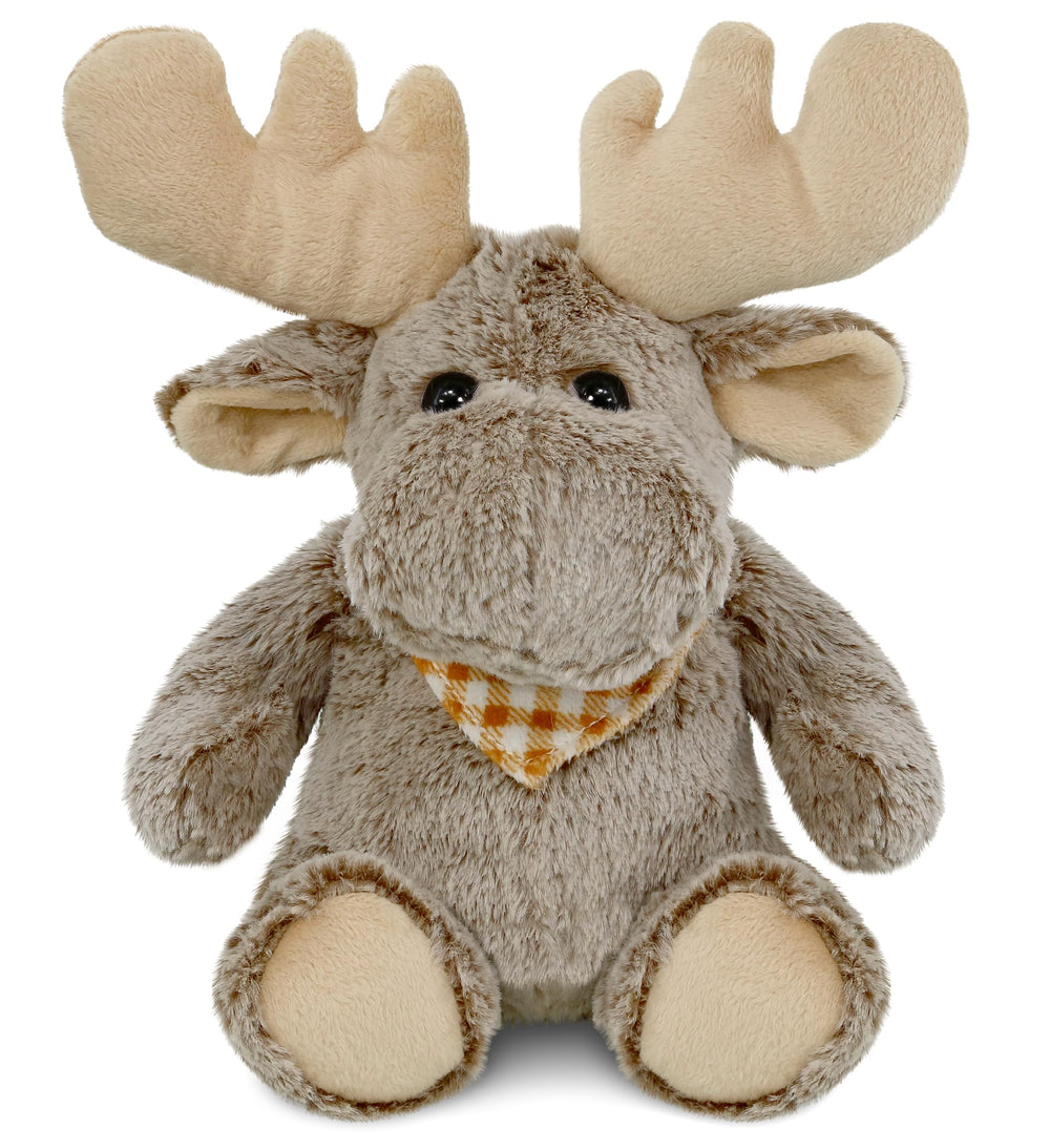 Puzzled super-soft sitting moose plush sits cuddly as a nap buddy for kids.