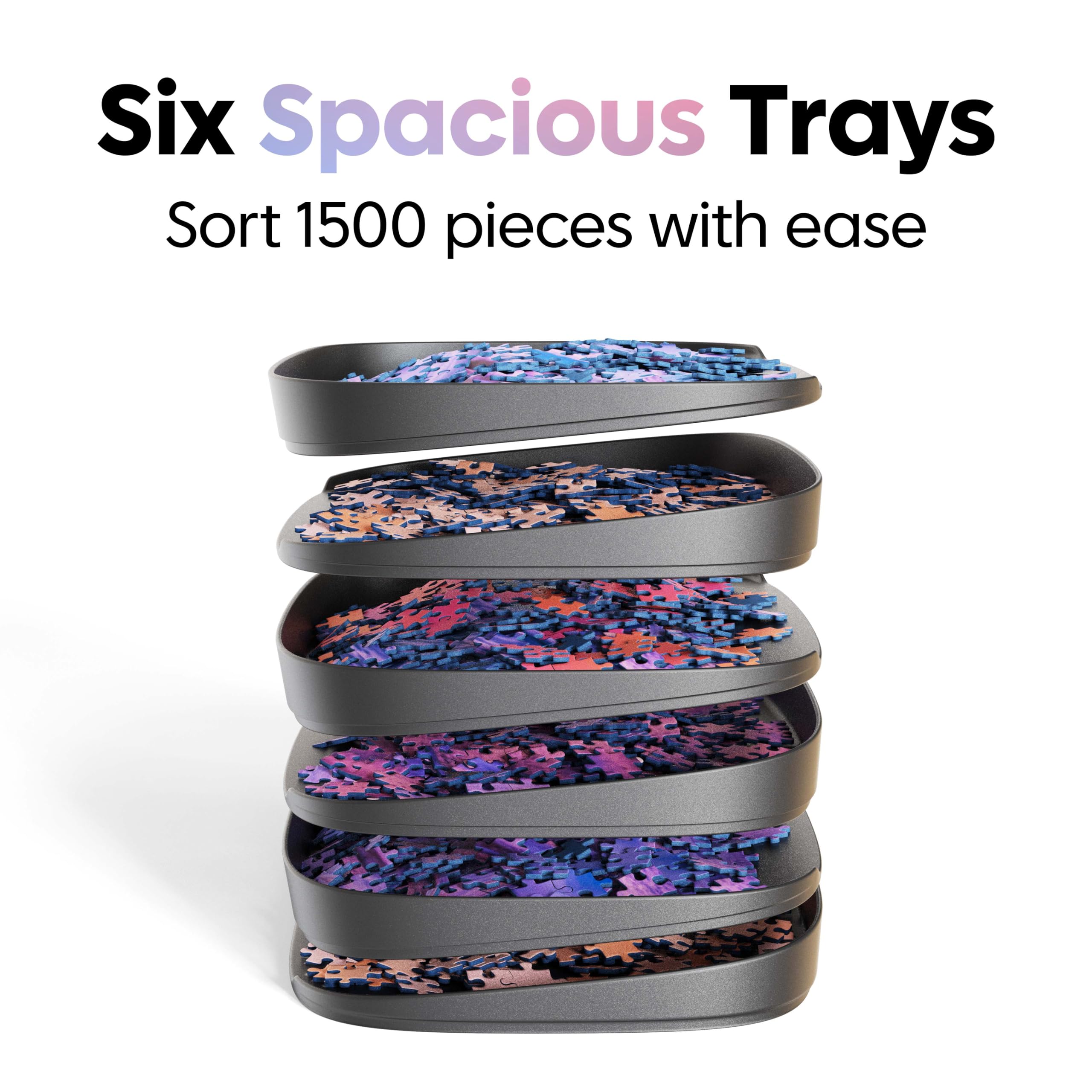 Puzzlup Puzzle Sorting Trays zigzag stack saves space during puzzling sessions.