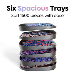 Puzzlup Puzzle Sorting Trays zigzag stack saves space during puzzling sessions.