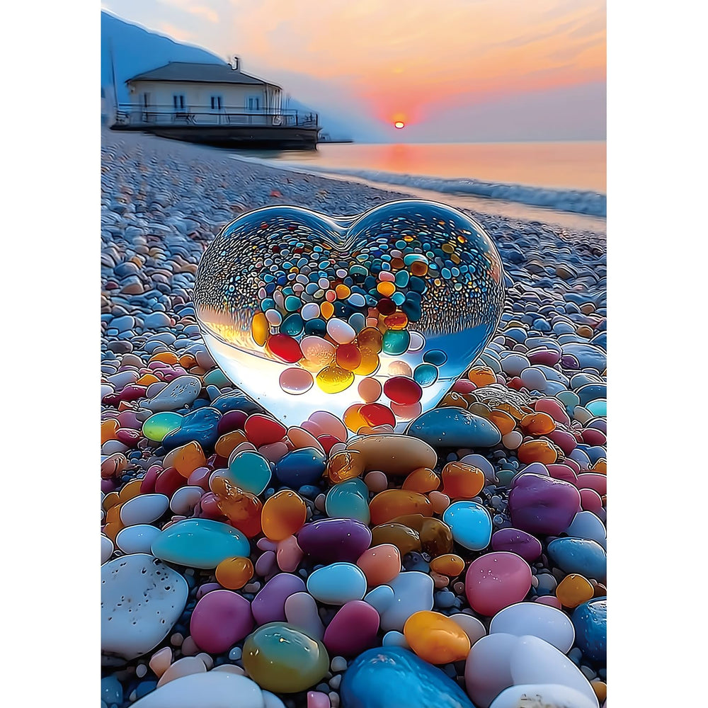 PuzzOne Beach Sunset Heart puzzle cover image showing vibrant coastal artwork for adults.