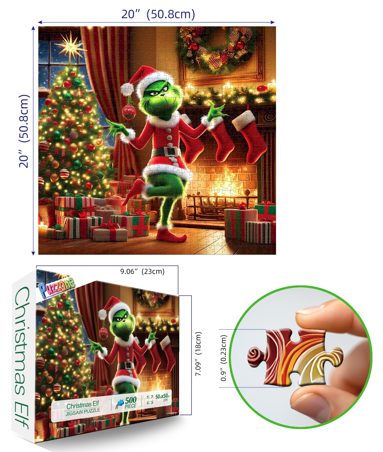 PuzzOne Christmas 500-piece puzzle by the fireplace with stockings