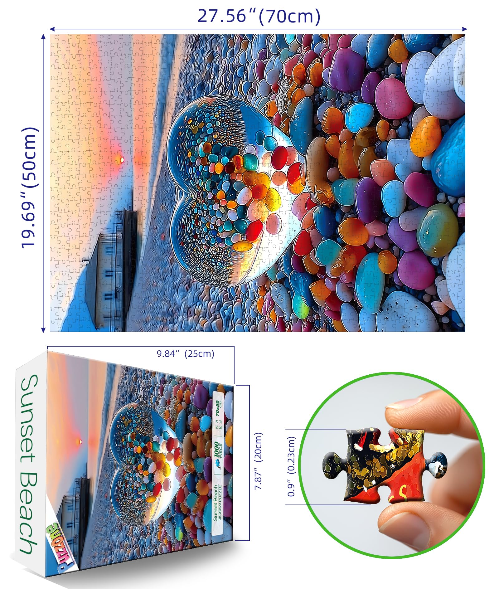 PuzzOne coastal pebbles close-up highlights colorful pieces for engaging puzzle play.