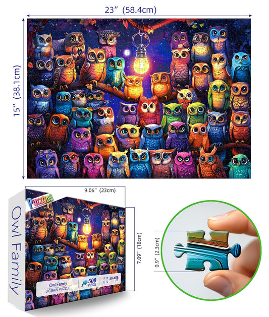 PuzzOne Owl Family artwork with luminous colors for cozy evenings