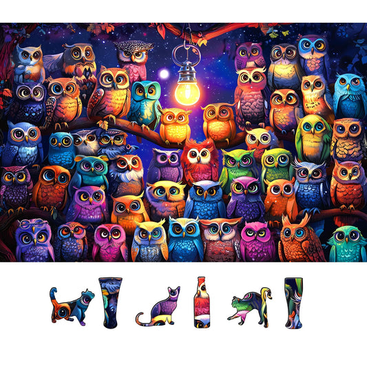 PuzzOne Owl Family puzzle box front with vibrant colors for family game night