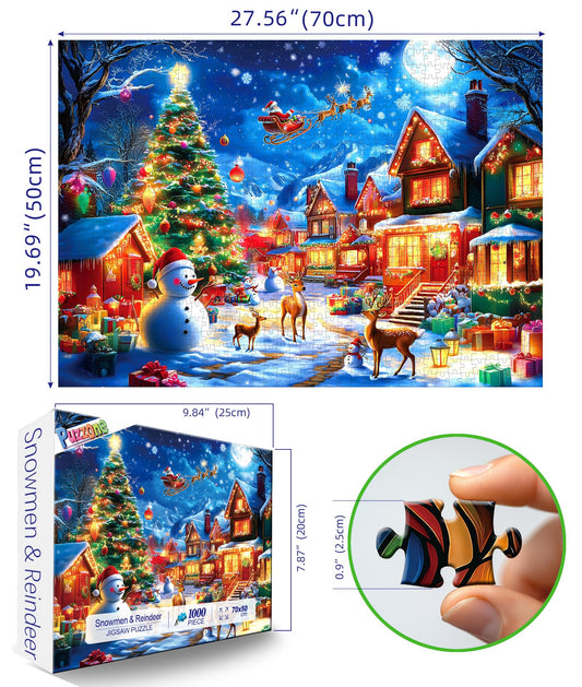 PuzzOne snowmen and reindeer scene puzzle, perfect for festive concentration and holiday decor.