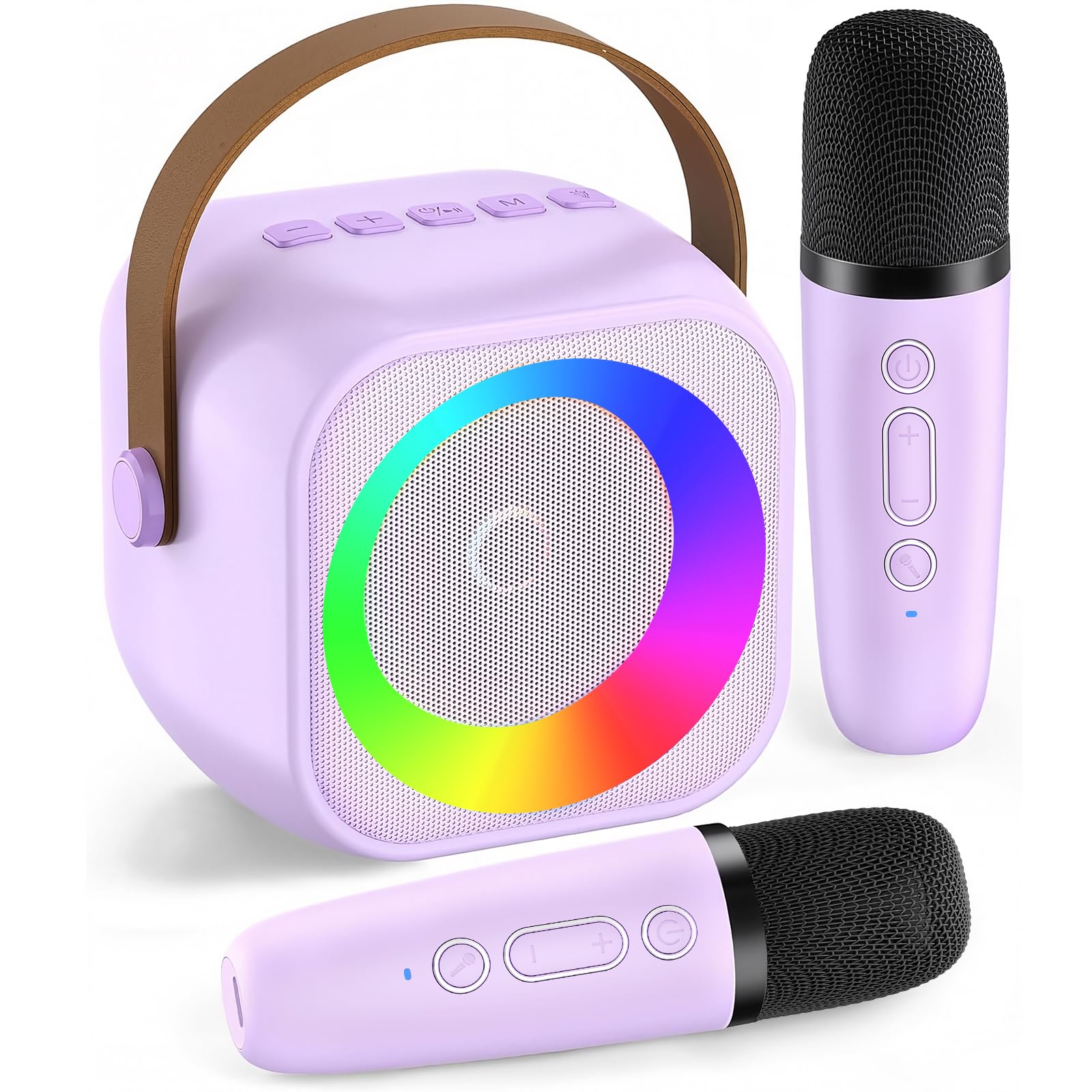 Pxzvd mini karaoke machine with leather handle for easy portability.