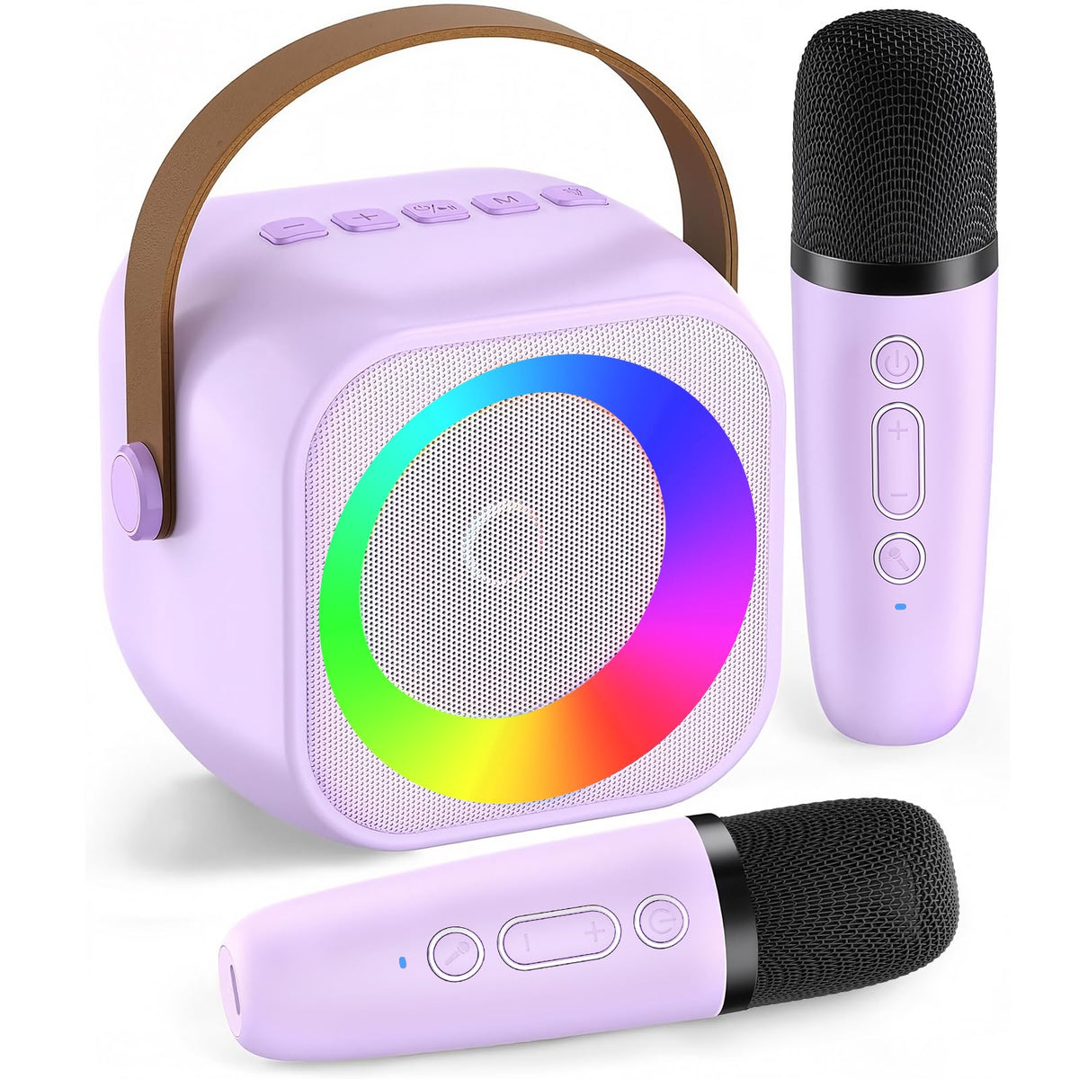 Pxzvd mini karaoke machine with leather handle for easy portability.
