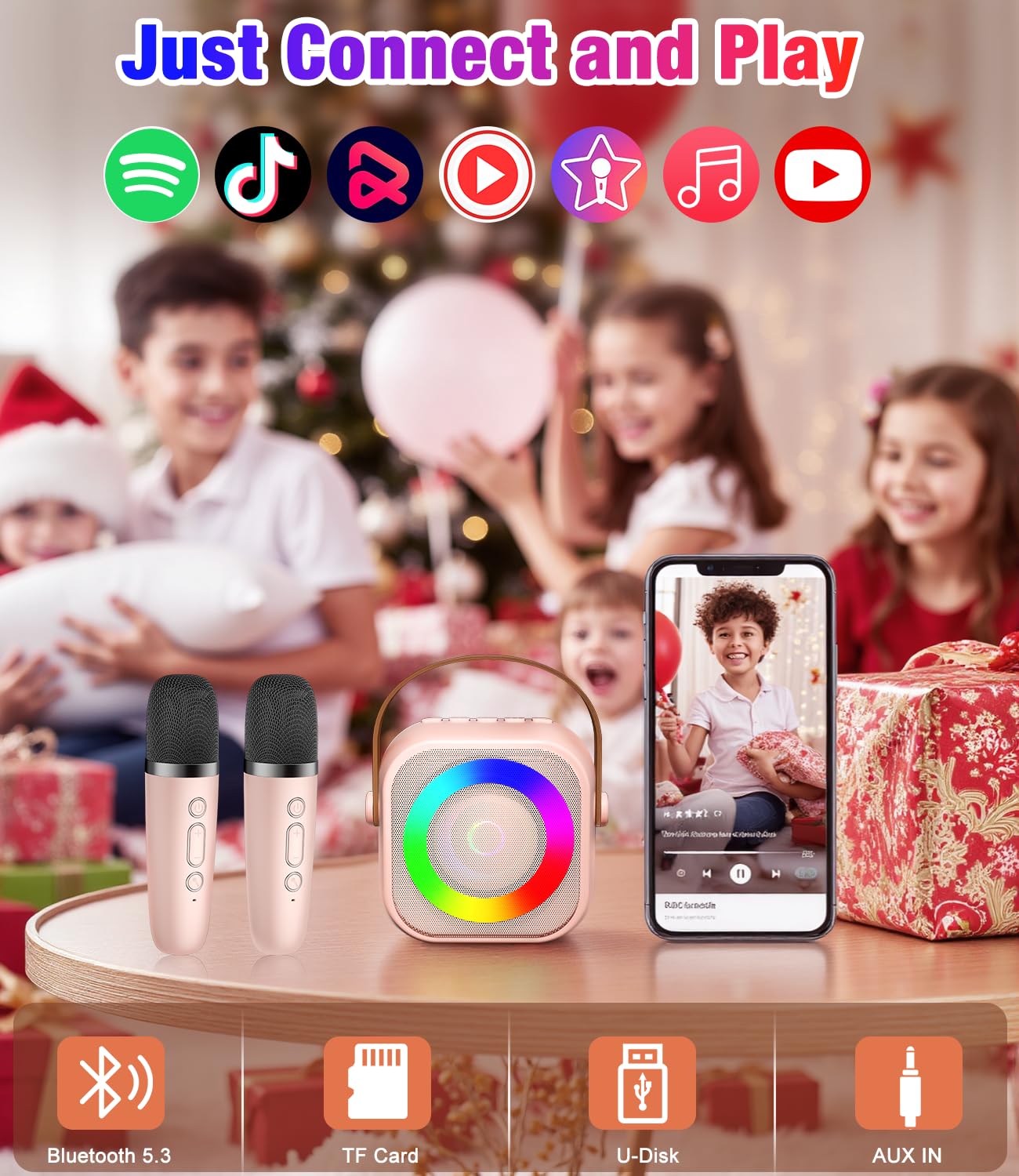 Pxzvd mini karaoke machine pink with two wireless microphones for duet fun.