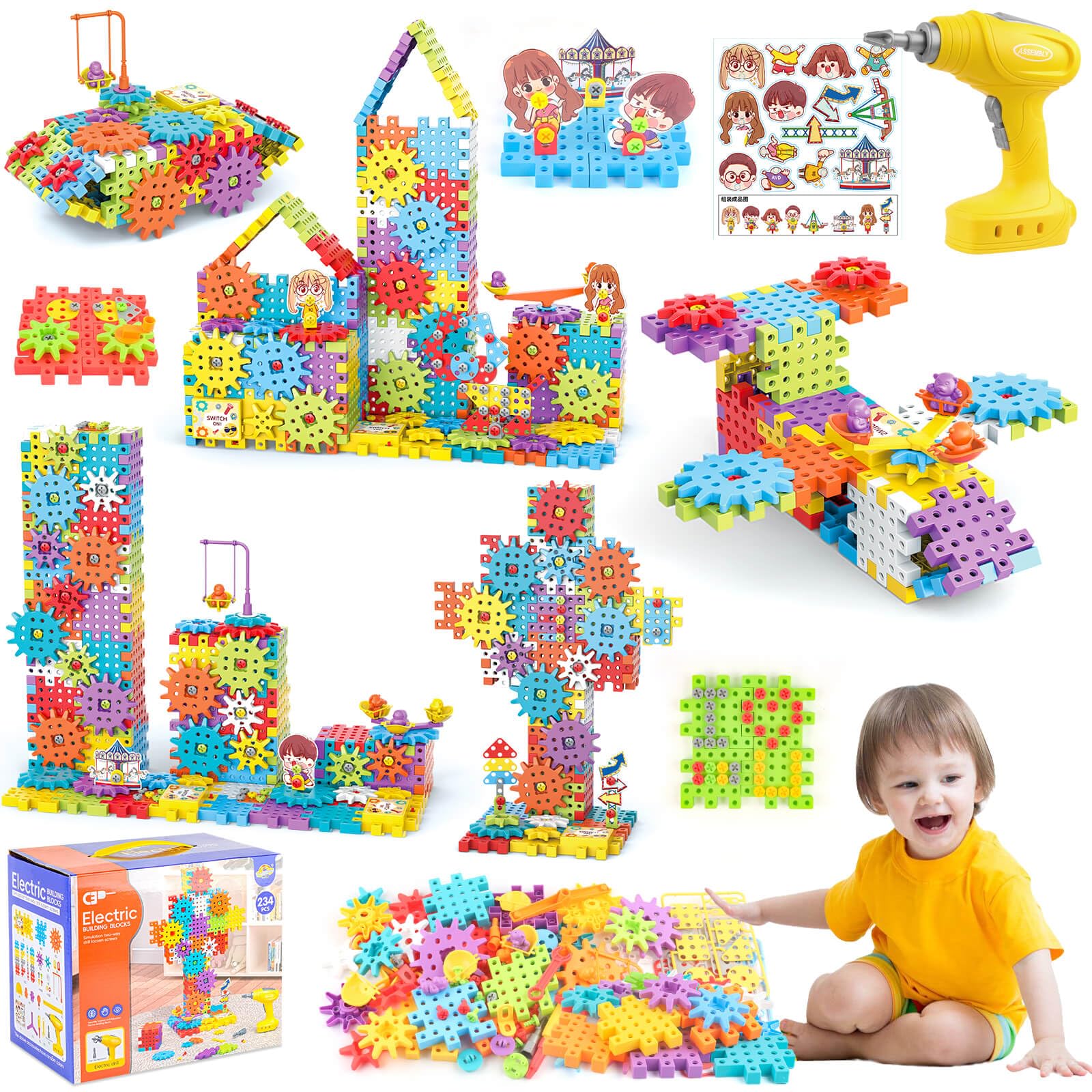 Pycoal Gears Building Blocks with electric drill for hands-on STEM play
