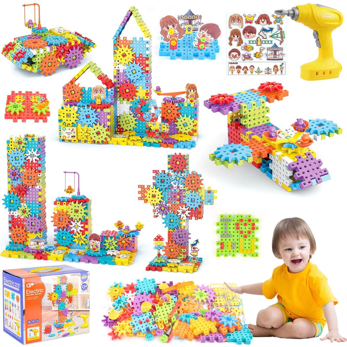 Pycoal Gears Building Blocks with electric drill for hands-on STEM play